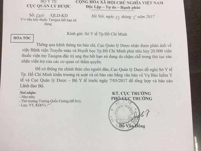 Văn bản của Bộ Y tế gửi Sở Y tế TPHCM đề nghị làm rõ thông đến 20.000 viên thuốc đặc trị ung thư hết hạn sử dụng. Ảnh: Báo SK&ĐS