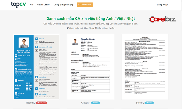 Giao diện trang chủ website topcv.vn
